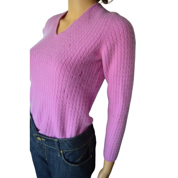 Ann Taylor Cashmere Fuchsia Pink V-Neck Sweater 2 Ply Preppy Womens Size Medium - Picture 4 of 9